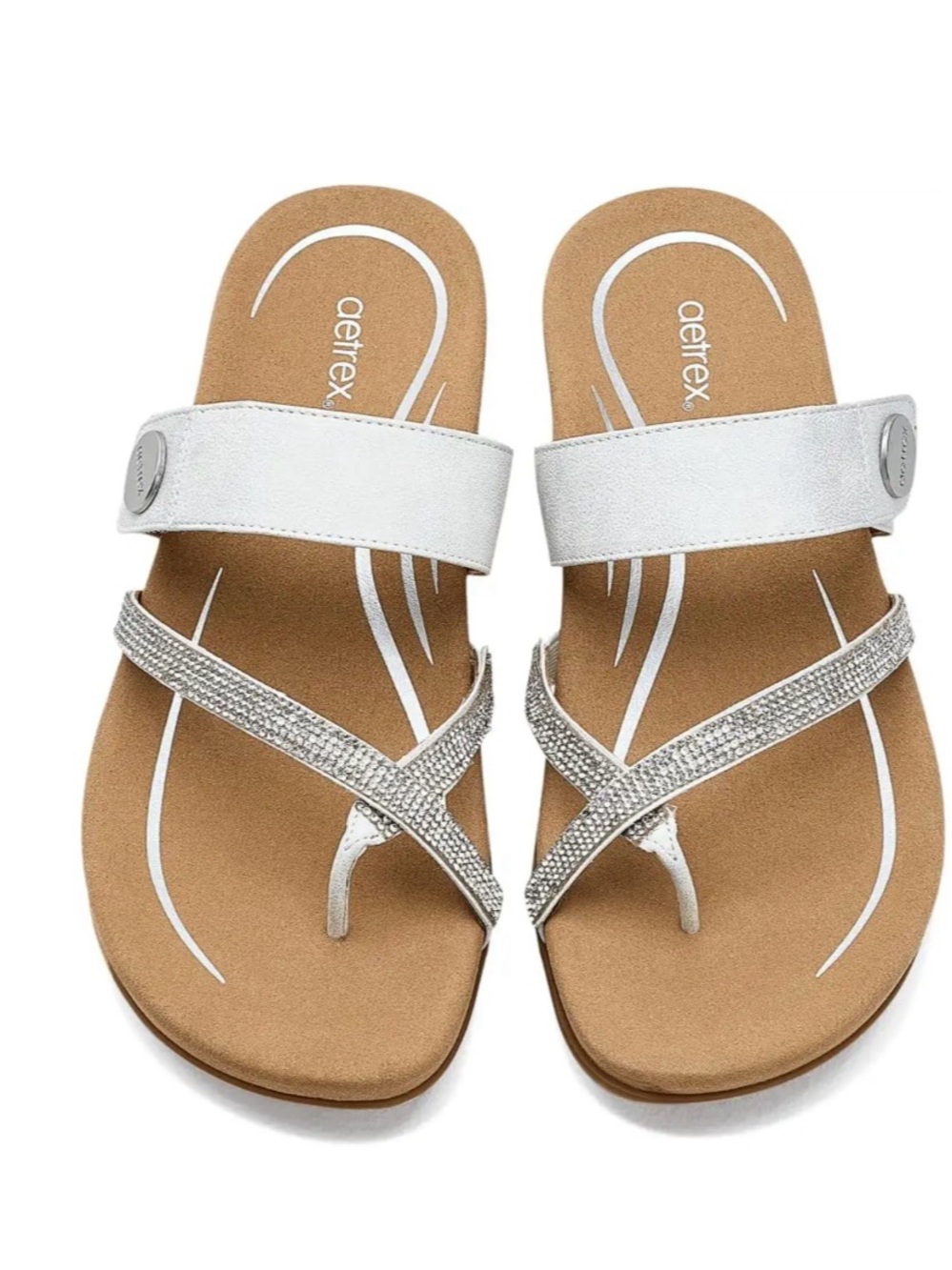 Aetrex Silver Metallic Leather Sandal with Rhinestone Straps